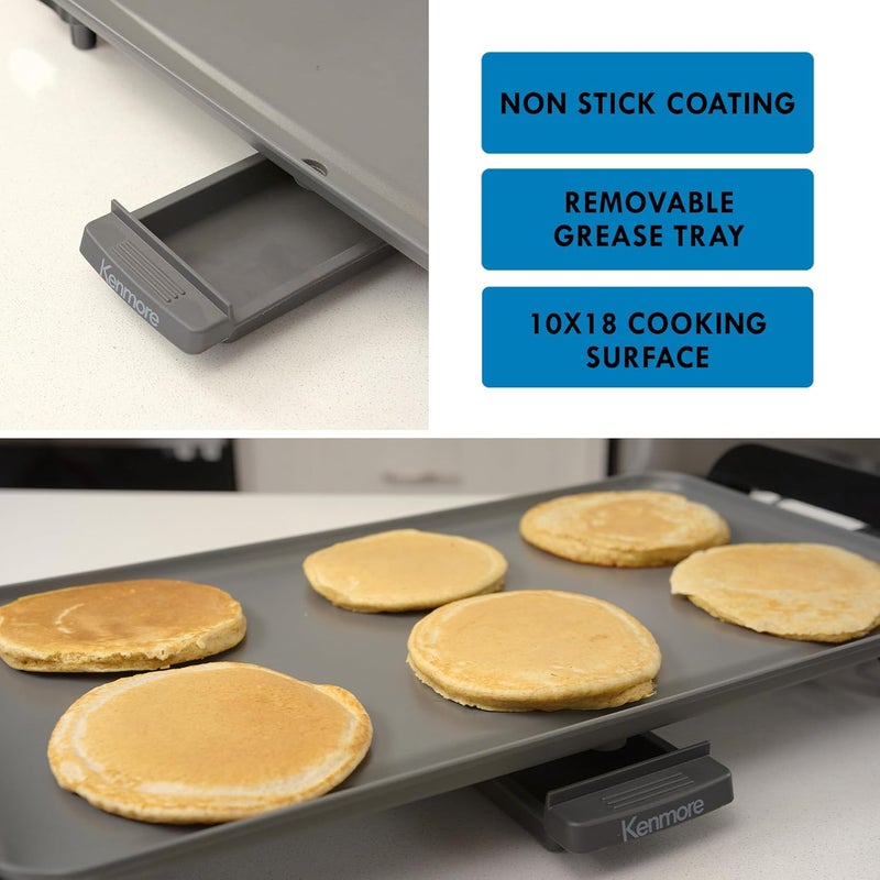 Kenmore Electric Griddle - Nonstick 10x18" Pan, External Temperature Control, Grill Bacon, Eggs, Pancakes, Crepes, Tortillas, Easy Clean Countertop Cooking Kitchen Appliance Removable Drip Tray - Image 4